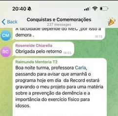 Print: aluno avisa que a TV Record vai gravar seu projeto