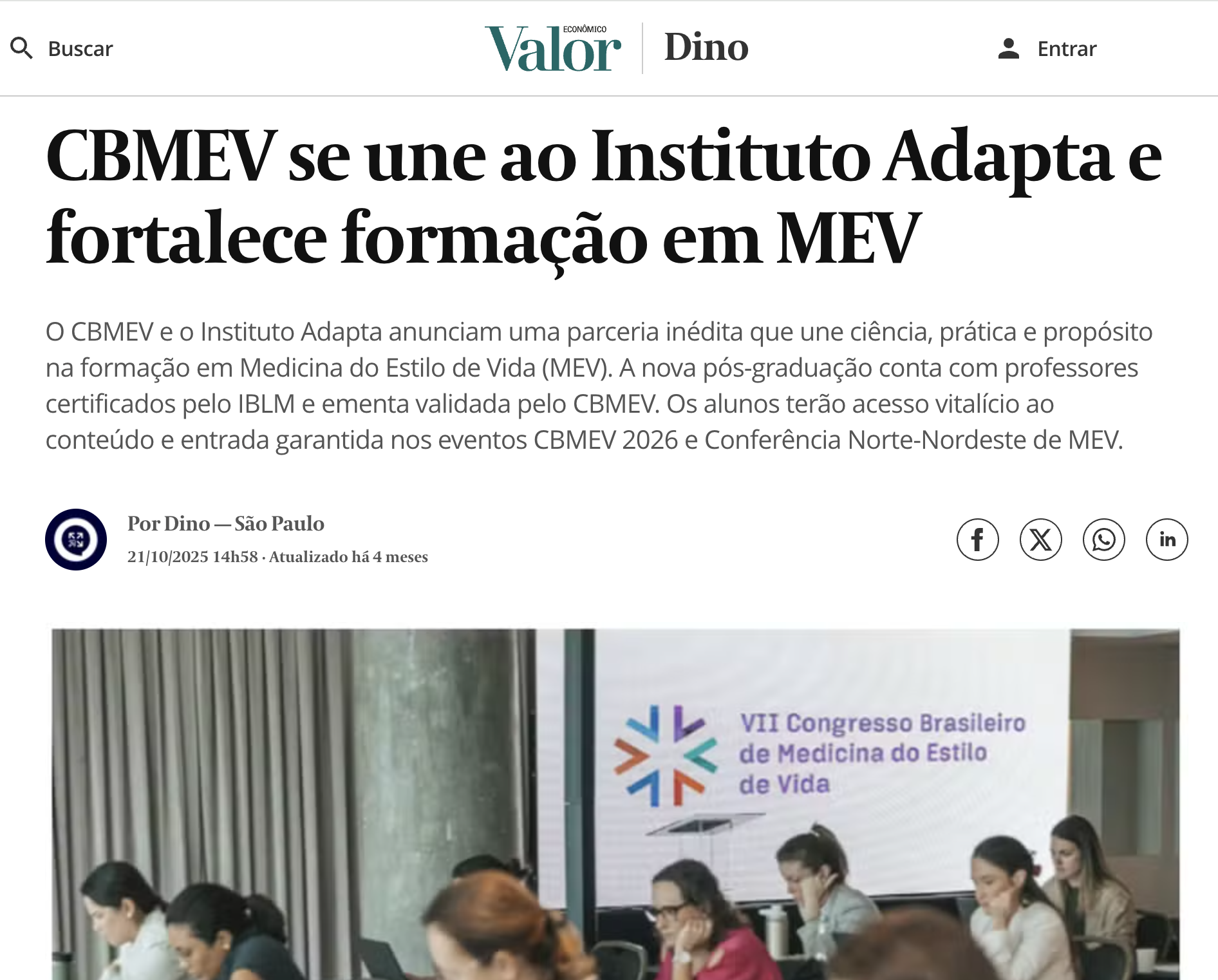 Matéria Valor Econômico — CBMEV se une ao Instituto Adapta